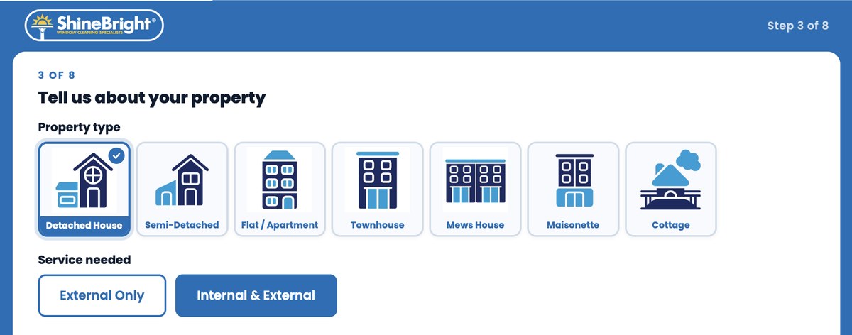 Shine Bright customer assessment step capturing property type and service requirements