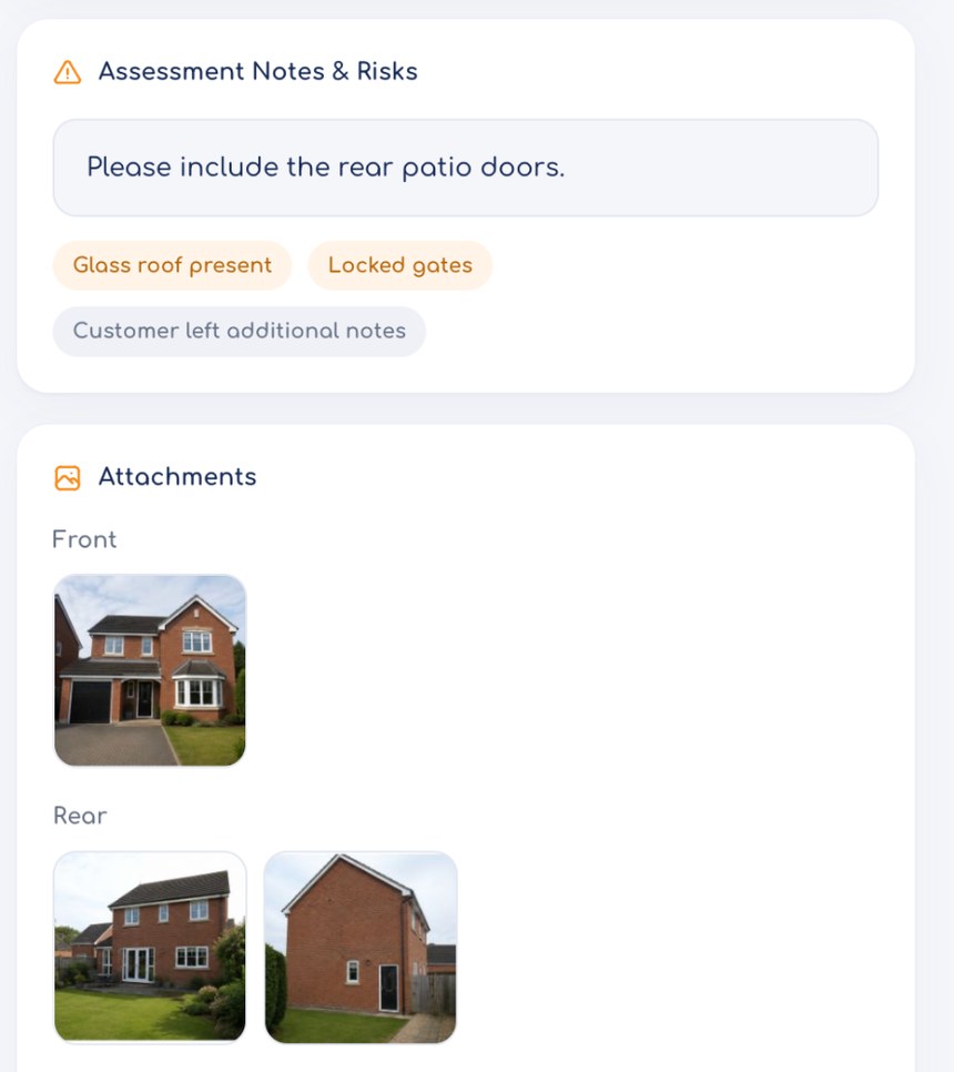 Assessment notes, risks and attached property photos in the review interface