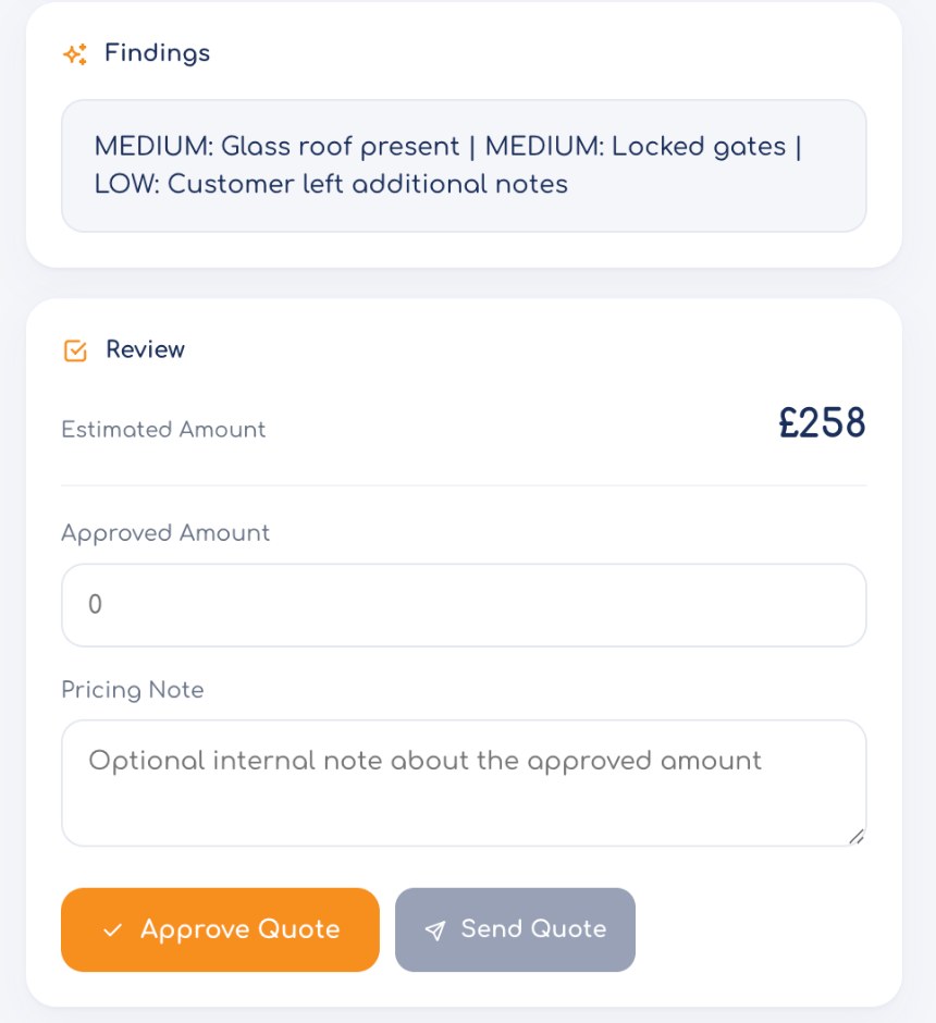 Findings, estimated amount, approved amount and the approve or send quote controls